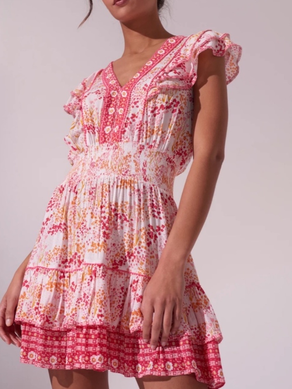Poupette St. Barth Camila Mini Dress in White Pink Tulipe Print Sz L